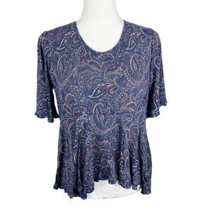 Lucky Brand Blouse Women Small Blue Knit Paisley Butterfly Sleeve Peplum Top